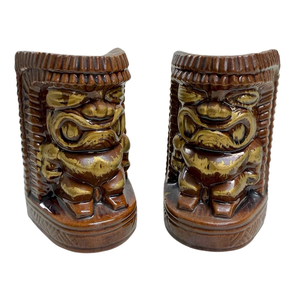 Vintage Tiki Hawaiian Ceramic Salt & Pepper Shakers Brown Gold Made In Japan